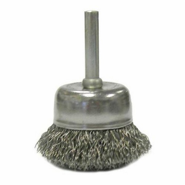 Cup Brush, Utility, 2 in Brush Dia, 1/4 in, Crimped Wire, 0.0118 in Wire Dia, Carbon Steel Wire, 5/8 in Trim Length, 13000 RPM Max