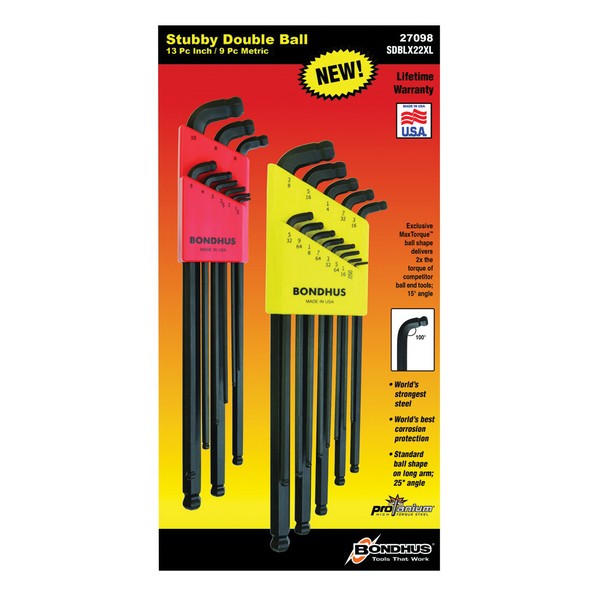 Hex Key Set, Double Ball End Stubby, Measurement System: Metric/Imperial, 22 Piece, Hex Drive, L-Handle Handle, Protanium® High Torque Steel, ProGuard™