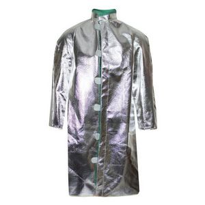 Aluminized Coat, Series: C22NL, M Size, Silver, Aluminized OPF/Para-Aramid, 37 to 38 in Chest, 45 in Length, 19 Oz Fabric Weight, Snap Closure, Resists: Molten Metal Splash, Radiant Heat and Sparks, Specifications Met: ASTM F955