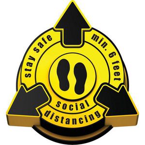 3D Floor Sign, Circle, Language: English, Text Legend, Legend: STAY SAFE. MINIMUM 6 FEET SOCIAL DISTANCING, Aluminum, Self-Adhesive Mounting, 24 in Height, 22 in Width, Black on Yellow Legend/Background