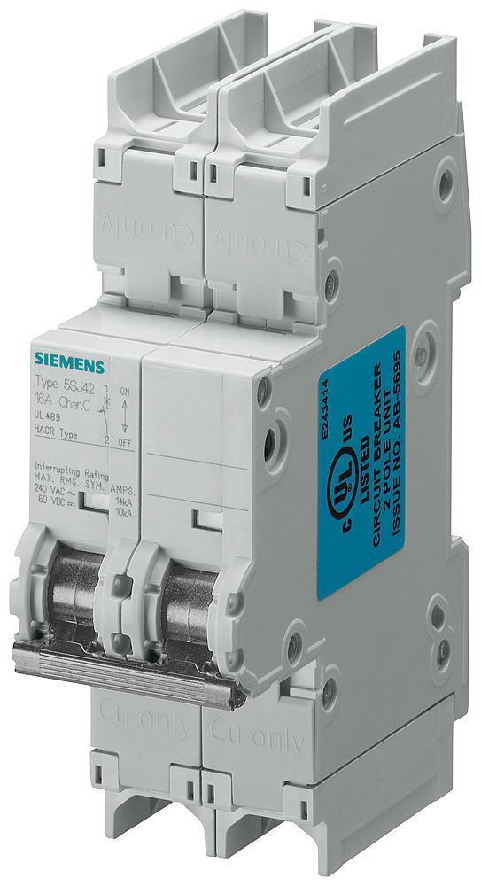 Miniature Circuit Breaker, 240 VAC, 1 A, 50 Hz Frequency, 14 kA Interrupt, HSJ Frame, Thermal/Magnetic Trip, 2 Pole, 1 ph, Handle Actuator, Screw Connection, 14 to 4 AWG Wire, IP20 Enclosure, DIN Rail Mounting, -25 to 55 °C, 110 mm H x 36 mm W x 70 m