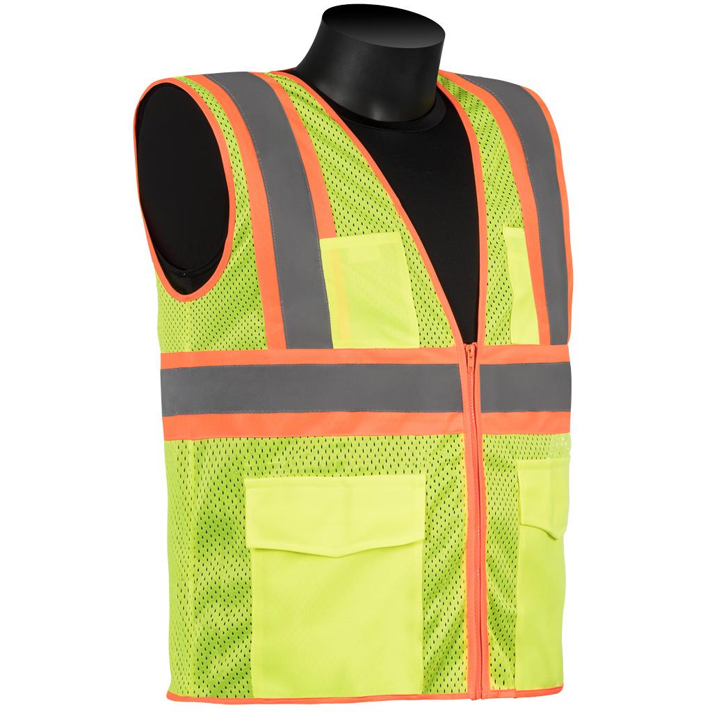 Surveyor Vest, Reflective, Series: C16013G, 4XL Size, Hi-Viz Green, Mesh/Polyester, Front Zipper Closure, 4 Pockets, ANSI Class: Class 2