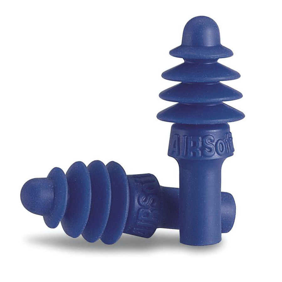 Earplugs, Multi-Use, Series: AirSoft®, Uncorded, 27 dB Noise Reduction Rating, 4-Flange, Universal, Blue Plug, Thermoplastic Elastomer Plug, 2003/10/EC, 89/686/EEC, ANSI S12.6/1997, ANSI S3.19-1974, EN 352-2:1993, Z94.2-1994 Specifications Met, Reusable Disposable/Reusable