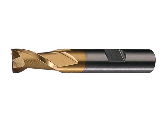 Finishing End Mill, Series: HG-2K-TN, 0.343 in Diameter Cutter, 2.5 in Overall Length, 0.562 in Length of Cut, 2 Flutes, Spiral Flute, 0.375 in Shank Diameter, Right Cutting Direction, Weldon Flat Shank, HSS, TiN