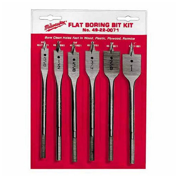 Flat Boring Bit Set, Universal, 6 Piece, Specifications: 6-1/16 in OAL, 1/4 in Hex Shank, For Use With: 48-28-3350 12 in Bit Extension, Carbon Steel