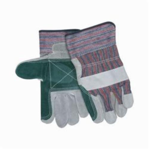 General Purpose Gloves, Double Palm, Leather Palm Glove, L, Cowhide Leather Palm, Cowhide Leather, Gray, Gunn Pattern/Standard Finger/Wing Thumb, Fleece, Safety Rubberized Cuff, Knuckle Strap/Shirred Elastic Closure, 10.39 in Length
