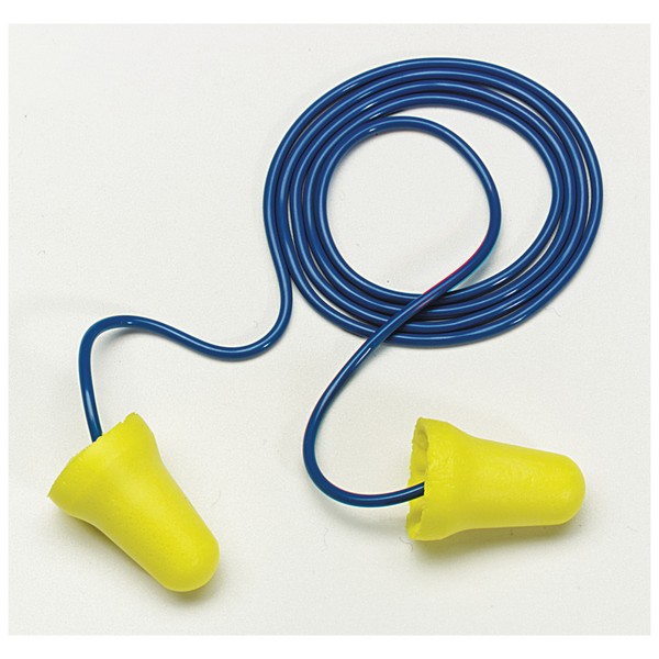 Earplugs, Corded, Corded Design, 28 dB Noise Reduction, Bell Shape, Yellow Plug, Soft Polyurethane Foam Plug, Blue Cord, Vinyl Cord, Specifications Met: CSA Class AL, Disposable/Reusable: Disposable