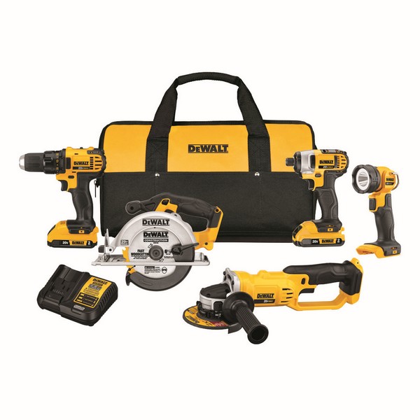Cordless Combination Kit, 5-Tool, Tool/Kit: Kit, Drill, Impact Driver, Circular Saw, Grinder, Worklight, 20 VDC, Lithium-Ion, 2 Ah Battery, Contractor Bag Package