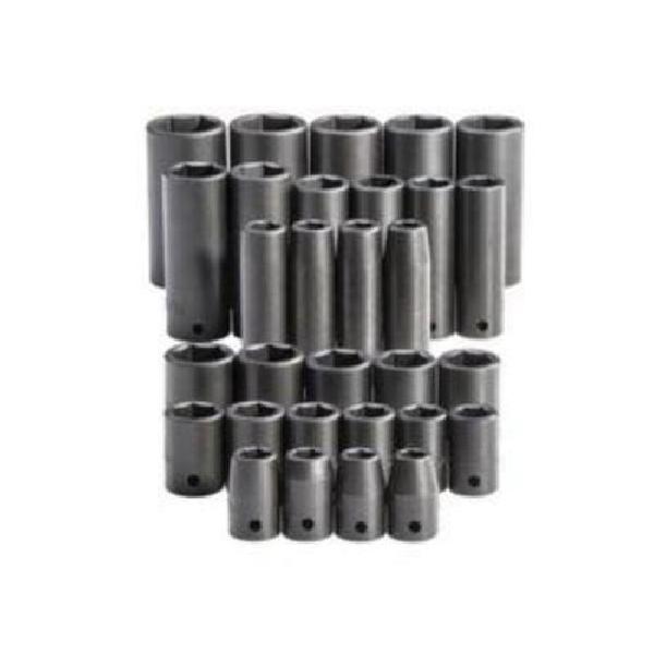 Impact Socket Set, Yes Impact Rated, Measurement System: Metric/Imperial, 30 Piece, 6 Points, 1/2 in Drive, Specifications Met: ASME Specified, Specifications: Square Drive, Alloy Steel, Black Oxide
