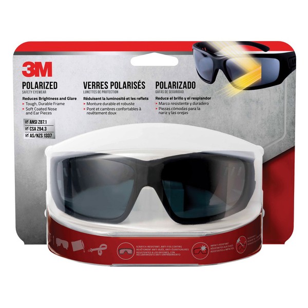 Safety Eyewear, Polarized, Anti-Fog/Scratch-Resistant Lens Coating, Black Lens, Black Frame, Yes UV Protection, Soft-Touch/Rubber Temple, ANSI Z87.1-2015 Specifications Met