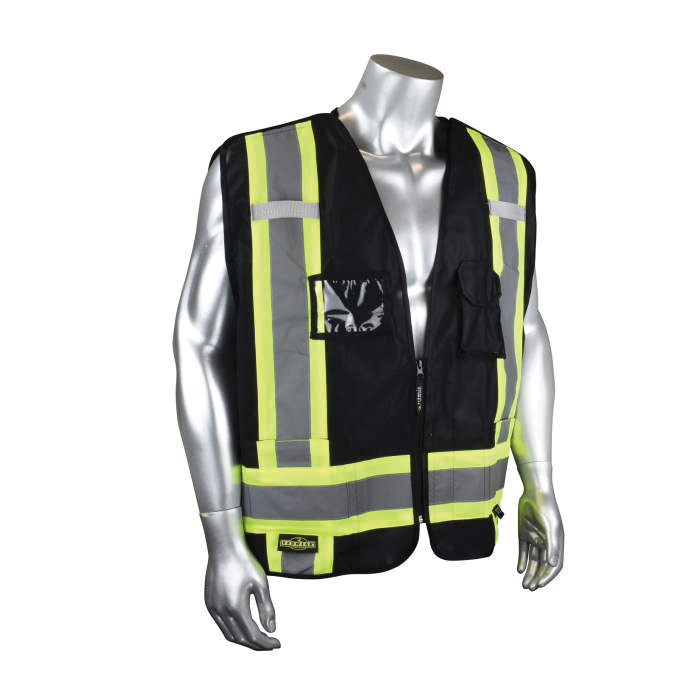 Vest, Heavy Duty Tear Away, Series: SV020X-1, 3X Size, Black, Polyester, Silver Stripe, 7 Pockets, ANSI Class: Class 1, Specifications Met: ANSI/ISEA 107-2015 Type O