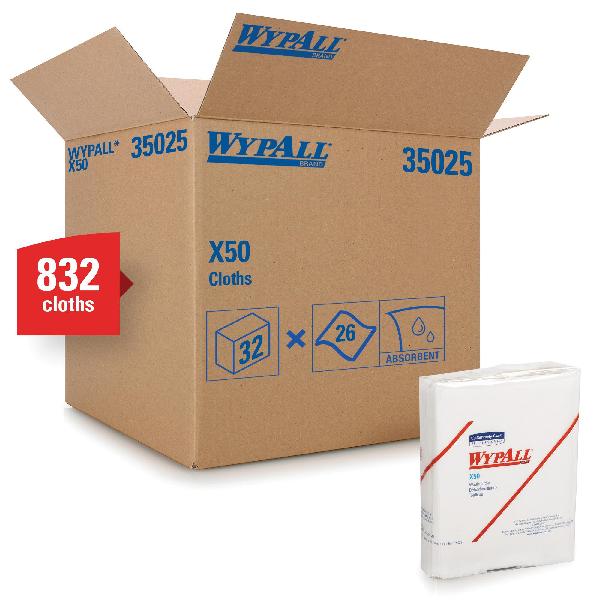 Cleaning Wiper, Extended Use, Series: X50, 12-1/2 x 10 in Size, 26 Sheets Capacity, White, Hydroknit*