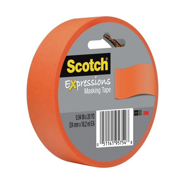 Expressions Masking Tape, Decorative Tangerine, 20 Yard Length, 0.94 Inch Width, Tangerine, 3 Inch Diameter Core, Paper Backing, 16 in-oz Adhesion Strength, 24 in-lb Tensile Strength, Removability: Clean