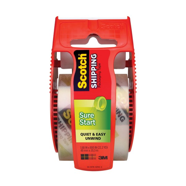 Sure Start Shipping Packaging Tape, 800 Inch Length, 1.88 Inch Width, 2.6 mil Thickness, Clear/Transparent, 3 Inch Diameter Core, 25 in-lb Tensile Strength