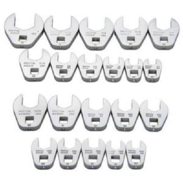 Crowfoot Wrench Set, Anti-Slip, Metric/Imperial System of Measurement, 21 Piece, Specifications: 4 Point, 3/8 in Open End Drive, Alloy Steel, Polished Chrome