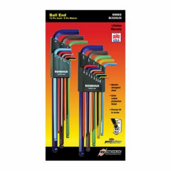 Key Set, Extra Long, Measurement System: Imperial/Metric, 22 Piece, 0.05 to 3/8 Inch, 1.5 to 10 mm Hex, L-Handle Handle, Protanium® High Torque Steel, ColorGuard™
