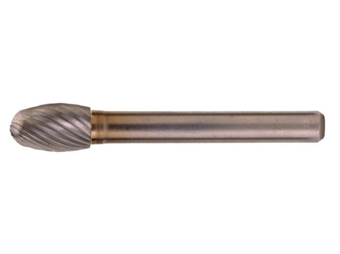 Bur, 0.625 in Diameter Head, 1 in Length of Cut, 2.75 in Overall Length, Oval Head Shape, Standard Cut, 0.25 in Shank Diameter, Carbide Head, Bright Head Coating, Industry Specification: SE-6