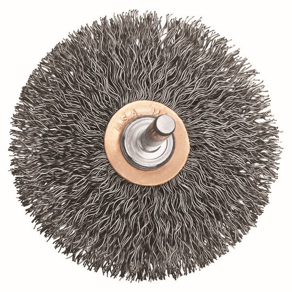 Wire Wheel Brush, Flat Face Small, 3 in Diameter Brush, 1/2 in Face Width, 1/4 in Arbor Hole, Crimped Wire Filament/Wire, 0.02 in Dia Filament/Wire, Carbon Steel Fill, 1 in Trim Length, 20000 RPM 1/4 in Shank Diameter