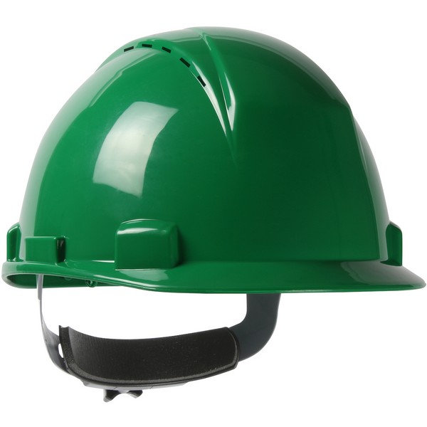 Hard Hat, Cap Style Short Brim Vented, Series: 280-HP1141RSPV, Universal Size, Fits Minimum Hat Size: SZ 6, Fits Maximum Hat Size: SZ 8, Dark Green, ABS/Foam Polyethylene/Nylon/Polycarbonate, 4-Point Quick-Release/Textile Suspension, ANSI Electrical