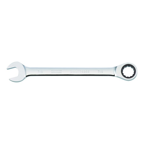 Combination Wrench, Non-Reversible, Measurement System: Imperial, Ratcheting Wrench Type, 7/8 in Wrench Opening, 72 Geared Teeth, 15° Offset, ASME B107.100 Specifications Met, Steel, Polished Chrome