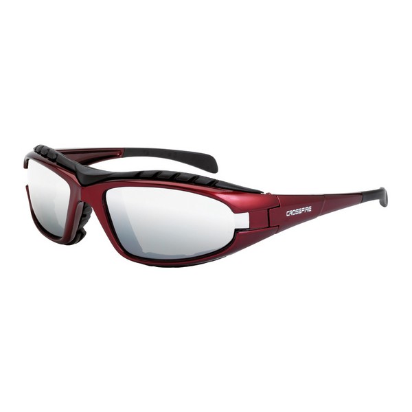Safety Eyewear, Series: Diamond Back, Hard Coated Lens Coating, Silver Mirror Lens, Full Framed Frame, Shiny Red Frame, EVA Foam Lined Frame, Polycarbonate Lens, 99.9 % UV Protection, Specifications Met: ANSI Z87.1+