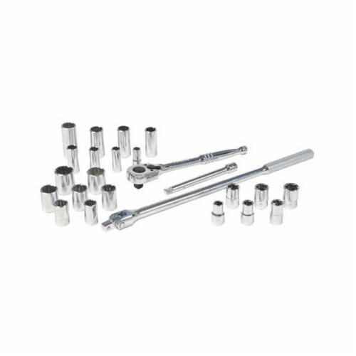 Socket Set, Mixed, Measurement System: Imperial, 1/2 in Drive, Pear Head Shape, 6, 12 Points, Flexible Handle, 26 Piece, Sockets Included: Yes, Specifications Met: ANSI Specified, Steel, High Polished Chrome
