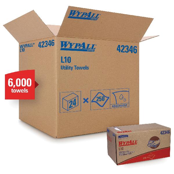 Utility Wipes, Lightweight, Series: L10, 10-1/4 x 9 in Size, 250 Sheets Capacity, White, Paper, 1 Ply