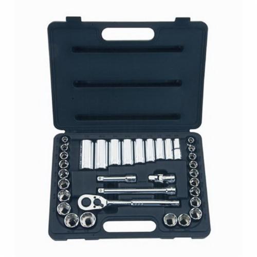 Socket Set, Mixed, Measurement System: Metric/Imperial, 3/8 in Drive, Pear Head Shape, 12 Points, 34 Piece, Sockets Included: Yes, Specifications Met: ANSI Specified, Steel, Polished Chrome