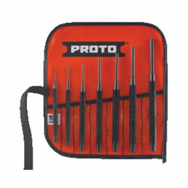 Pin Punch Set, 2-Piece Design Drive, 1/16 to 1/4 in Punch, 6-3/8 in Overall Length, 7 Punches, 7 Piece, Drive Pin, Set Contents: J25TR31C 7 Pockets Tool Roll Canvas Tool Pouches, Corrosion-Resistant: Yes, S2 Steel, Black Oxide