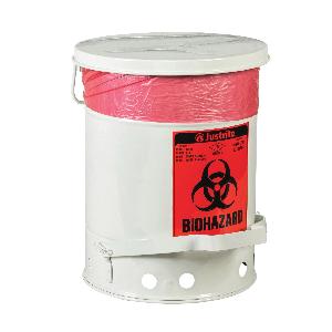 Biohazard Waste Can, 6 gal Capacity, 15.866 in Diameter, 15-7/8 in Height, Steel, White