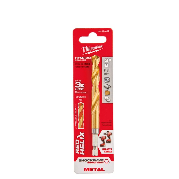 Impact Drill Bit, Hex Shank, 3/8 in Drill - Fraction, 0.375 in Drill - Decimal Inch, 4-21/32 in Overall Length, 2-57/64 in Cutting Depth, 2-57/64 in Flute Length, 1/4 in Shank, 135 deg Point, Split Point, HSS Cutting Edge, HSS, Titanium Coated, Appli