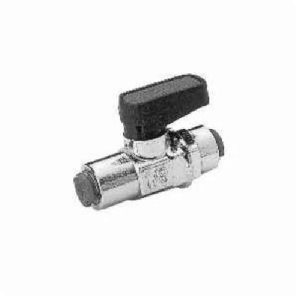 Ball Valve, 3/8 Inch Nominal, Push-In, 0 to 250 psi, 0 to 160 °F, Media: Air, Gas, Oil and Water, Polished Chrome Brass Ball, Polished Chrome Brass Body, Polished Chrome Brass Stem/PTFE Ball Seat Trim, NBR 70 Stem Seal, Nickel Plated