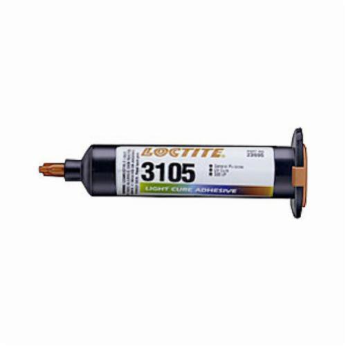 Light Cure Adhesive, High Strength Low Viscosity, Series: Light Cure 3105, Syringe Container, 25 mL Container, Composition: Acrylate Monomer, N,N-Dimethylacrylamide, Photoinitiator, Substituted Silane, 80 s Work Life, 24 hr Curing, Amber, 45.37 g/L (