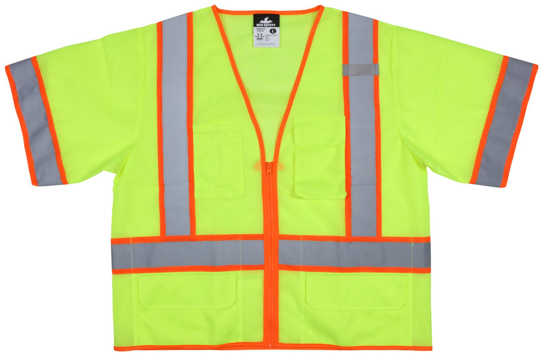 Safety Vest, High-Visibility, Series: Luminator®, 8X Size, Fluorescent Lime, Polyester, Silver Stripe, 79.40 in Chest, 31 in Length, Zipper Front Closure, 6 Pockets, ANSI Class: Class 3, Specifications Met: ANSI/ISEA 107 Type R