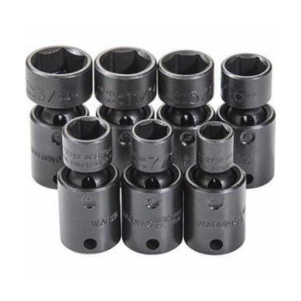 Impact Socket Set, Universal, Yes Impact Rated, Measurement System: Imperial, 7 Piece, 6 Points, Included Socket Size: 3/8 to 3/4 in, 3/8 in Drive, Specifications Met: ASME Specified, Square Drive, Alloy Steel, Black Oxide