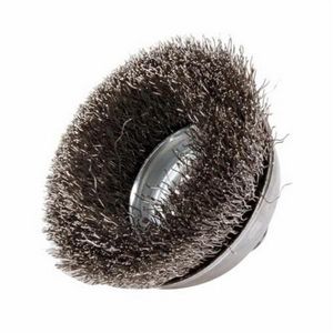 Cup Brush, 3-1/2 in Brush Dia, 5/8-11 UNC, Crimped Wire, 0.014 in Wire Dia, Stainless Steel Wire, 7/8 in Trim Length, 12000 RPM Max