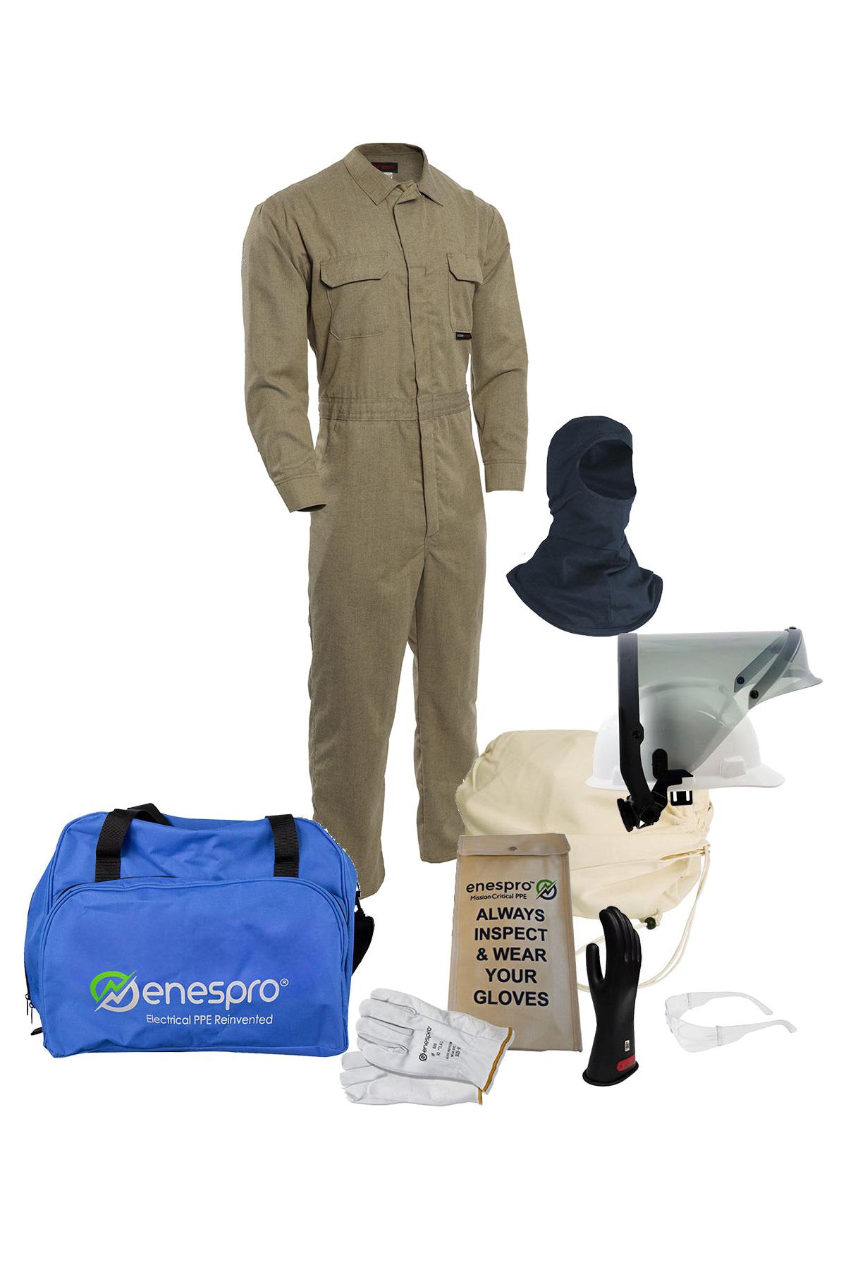 Coverall Kit, Series: KIT2TC8TPVB, 8 cal/sq-cm Hood/Face Shield Max Arc Flash, 2XL Size, TECGEN SELECT OPF Blend Twill, Tan