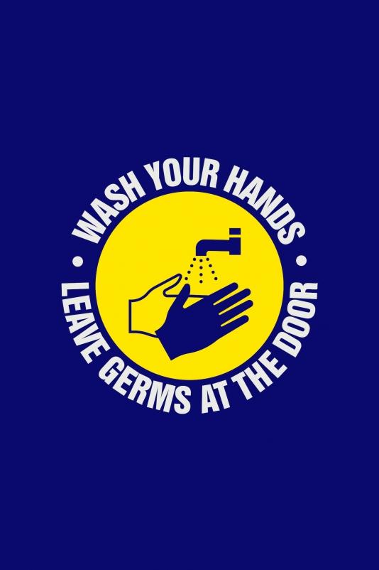 Entrance Mat, Wash Your Hands Leave Germs at the Door, Series: 194LG, 60 in Length, 36 in Width, 3/8 in Thickness, Blue, Nylon, Standard Design Surface, Vinyl Backing, Bordered Edge, Indoor Indoor/Outdoor