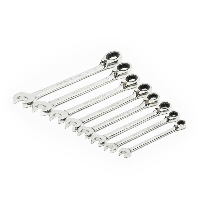 Combination Ratcheting Wrench Set, Regular Length Reversible, Metric System of Measurement, 8 to 19 mm, 8 Piece, 12-Point, 15° Offset, 72 Geared Teeth, Box End Drive, Polished Chrome