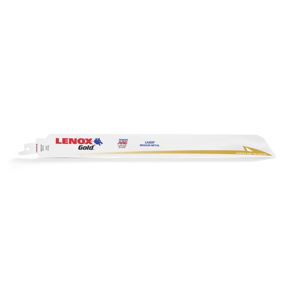 Reciprocating Saw Blade, Power Arc Curved, 12 in Length, 1 in Width, 0.042 in Thickness, 18 TPI, Reinforced/Tapered Pitch Teeth, 1/2 in Tang, Universal/Toothed Edge Tang, HSS Cutting Edge, Flexible Steel Body, Titanium Coated, Applicable Materials: M