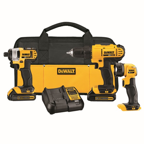 Cordless Combination Kit, 3-Tool, Tool/Kit: Kit, Drill, Impact Driver, Worklight, 20 VDC, Lithium-Ion, 1.5 Ah Battery, Contractor Bag Package, Black/Yellow