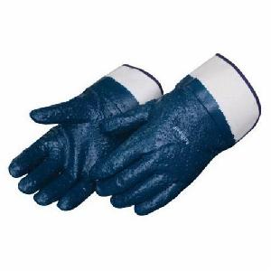 Chemical-Resistant Gloves, Fully Coated Heavyweight, Men's Size, Cotton/PVC, Blue, Rough, Rough Grip Style, Jersey Lining, Plasticized Safety Cuff, Nitrile Coating, Resists: Chemical