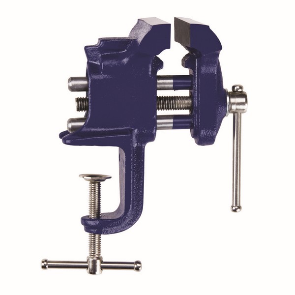 Bench Vise, Light Duty Portable, 2 in Jaw Opening, 3 in Jaw Width, Steel Jaw, 1-5/8 in Throat Depth, Stationary Base, Clamp-On Mounting, Steel Handle, Sliding Pin Handle, Cast Iron, Blue, Enamel Coated