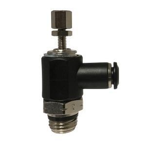 Meter Out Valve, Right Angle Flow Control, 3/8 Inch Push-In x 1/4 Inch MNPT Nominal, 0 to 150 psi Pressure, 0 to 160 °F, Media: Air, Composite Polyacetal Body, Brass Retainer/Spacer/Stainless Steel Gripper Ring Trim, NBR 70 O-Ring Softgoods