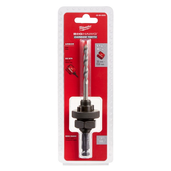 Hole Saw Arbor, 7/16 in Arbor, 3-Flat Shank, 1-3/8 in Diameter Hole Saw, 7/16 in Pilot Drill, 6-9/16 in Overall Length, Carbide Cutting Edge, Steel, Black/Silver, Applicable Materials: Wood