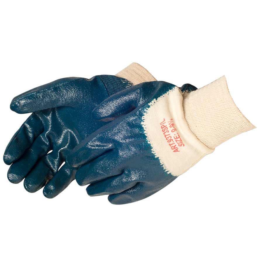 Glove, Standard Weight, XL Size, Nitrile, Blue, Palm Coated, Interlock Lining, Knit Wrist Cuff, Resists: Chemical