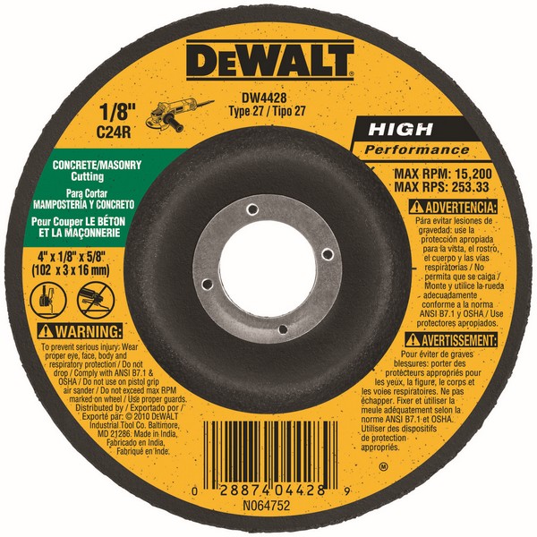 Depressed Center Cutting Wheel, Flat, 4 in Wheel Diameter, 1/8 in Wheel, 5/8 in Center Hole, Arbor Connector, 24 Grit, Coarse Grade, Silicon Carbide Abrasive, Wheel Type Number: Type 27, 15200 RPM Resin Bond, Applicable Materials: Concrete, Cast Iron