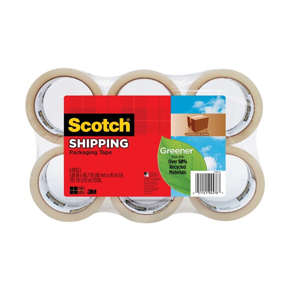 Greener Shipping Packaging Tape, Commercial Grade, 49.2 yd Length, 1.88 Inch Width, 3.1 mil Thickness, Transparent, 30 in-lb Tensile Strength