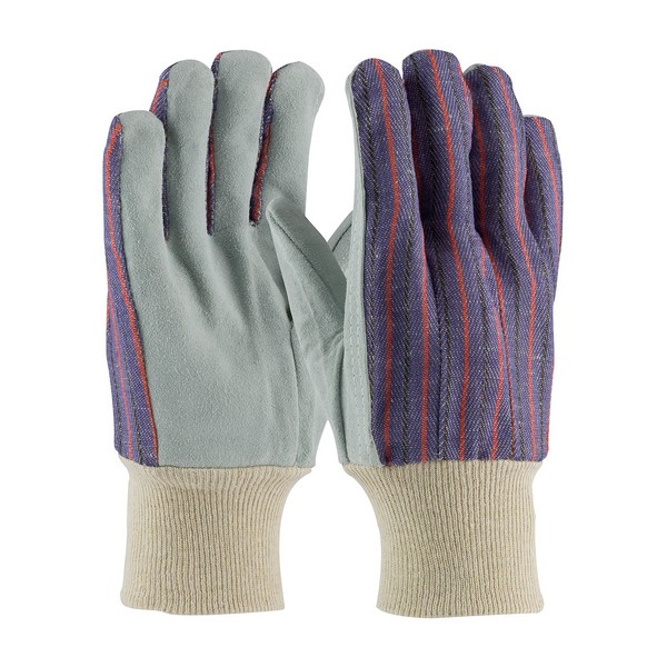 Leather Palm Gloves, Economy Grade Men's, Split Cowhide Leather Palm, Split Cowhide Leather, Black/Blue, Clute Cut/Straight Thumb, Cotton, Knit Wrist Cuff, Uncoated, 10 in Length, Resists: Abrasion