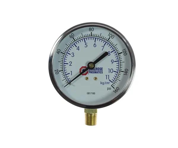 Pressure Gauge, 0 to 160 psi Pressure, 1/4 in Connection, 3-1/2 in Diameter Dial, Dial Display, Bottom Mounting, Chrome Plated
